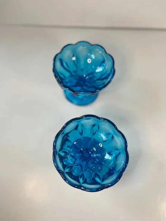 Anchor Hocking Blue Fairfield Pedestal Compote Dishes 70s Vintage Bohemian Glass - Picture 4 of 11